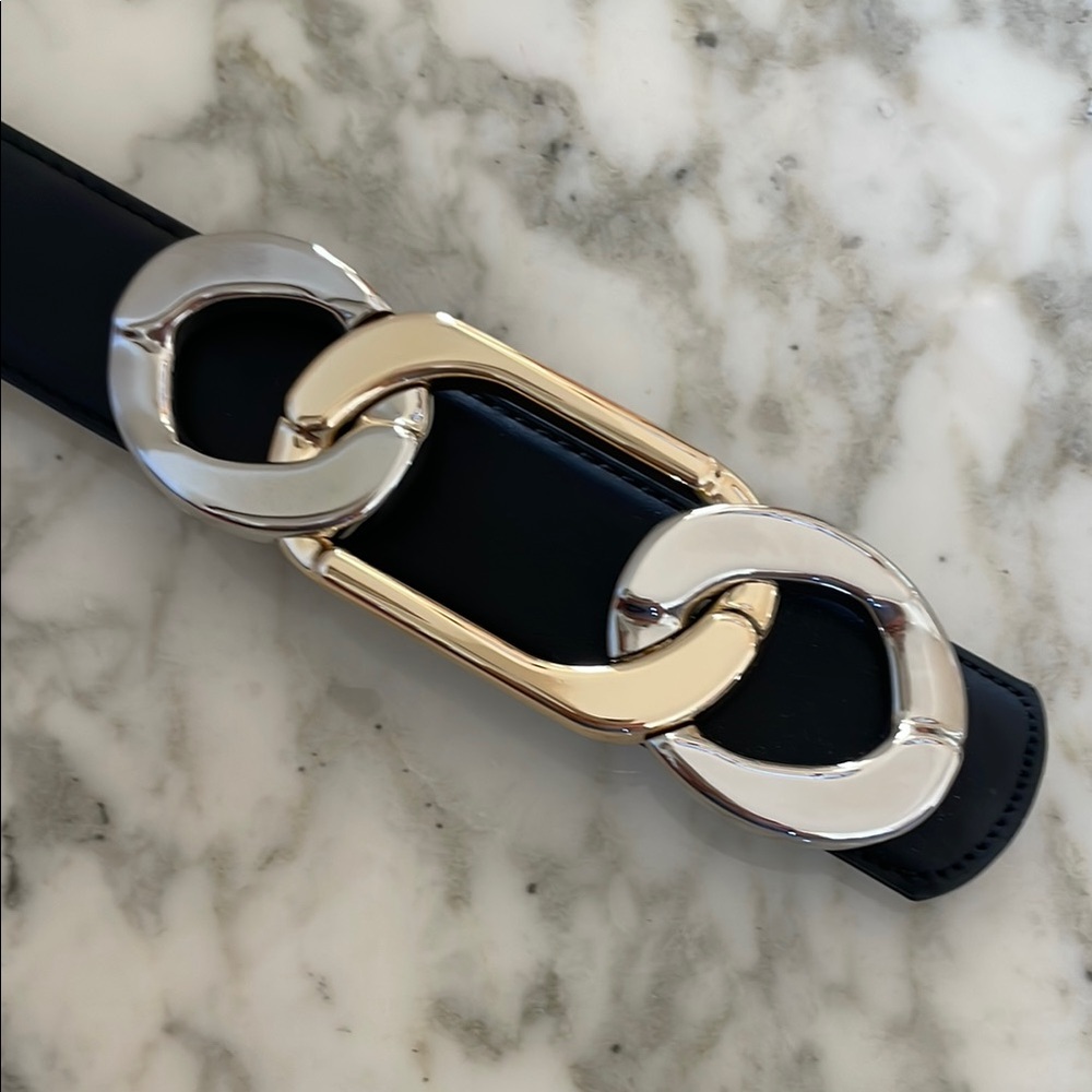 NEW Rachel Zoe Leather Black Gold Silver Metal Belt. Size S-M - Picture 2 of 6